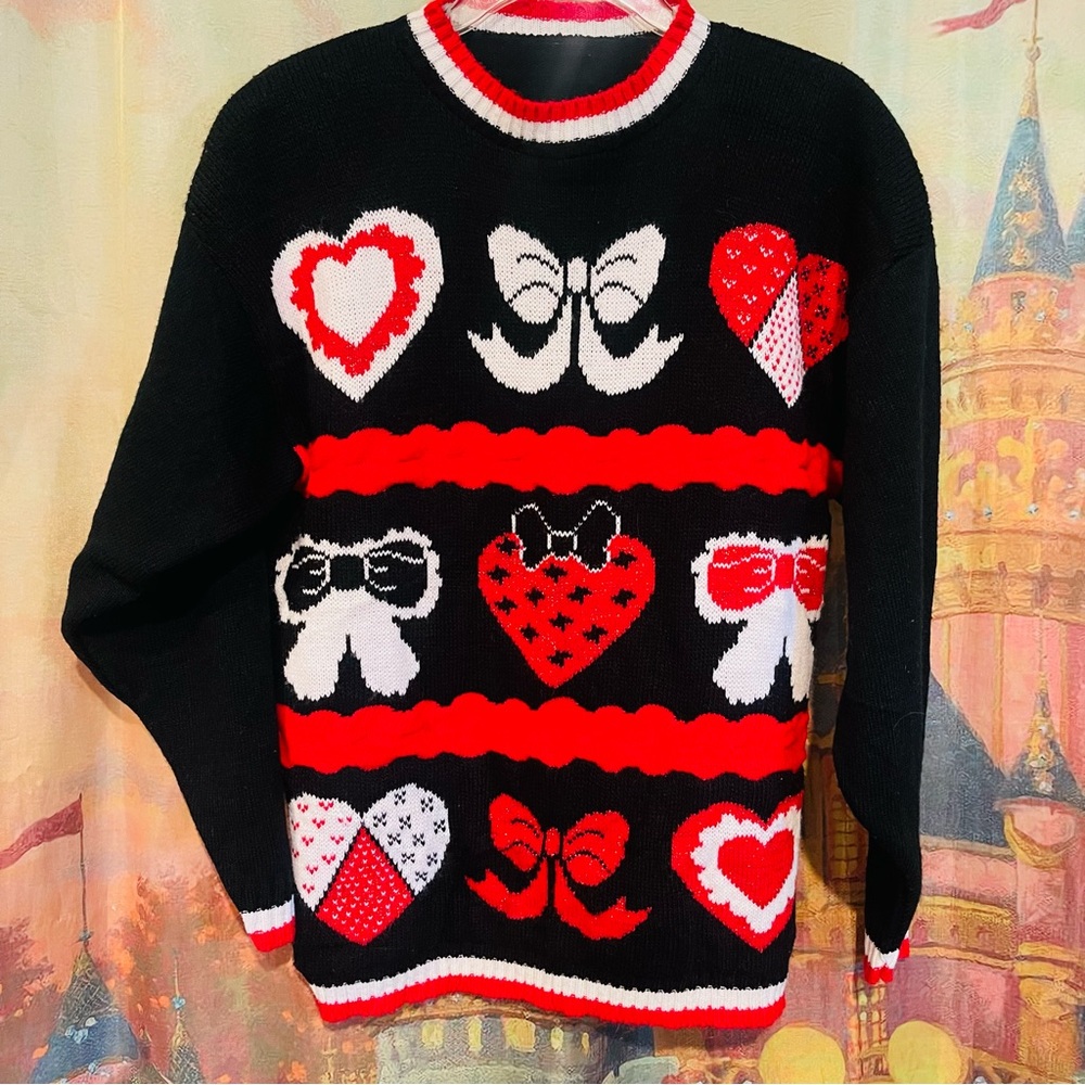 Valentine’s Day Heart and Bow Patterned Black Sweater